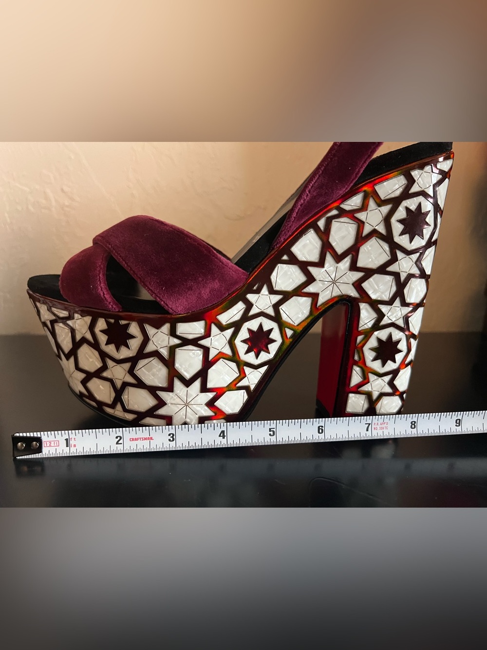 Christian Louboutin Superyaz Burgundy Velvet Platform Sandals with Mosaic-Inlay - Picture 9 of 13